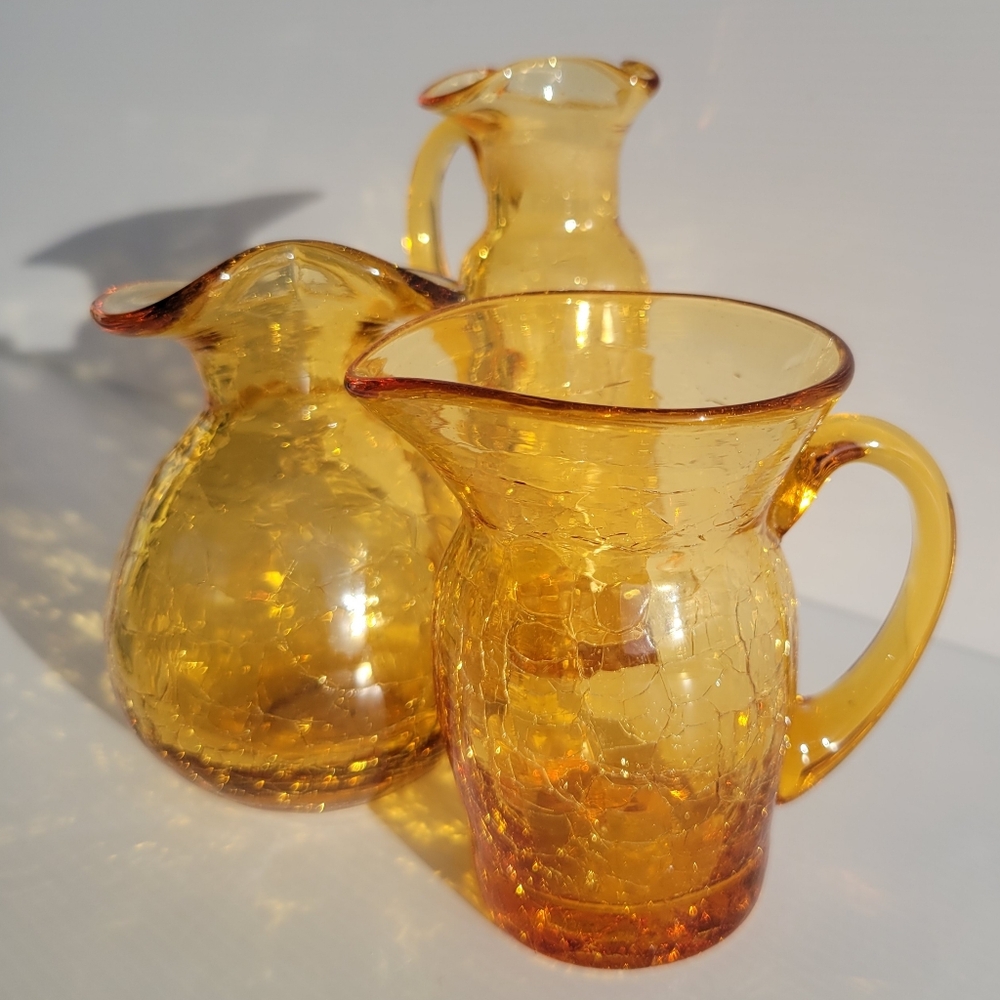 Vintage Pilgrim Crackled Amber Glass Vase and Cruets